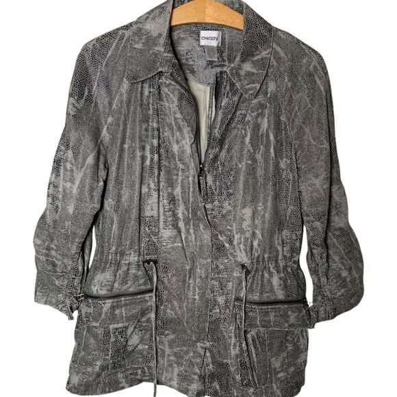 Chico's Jacket Size 1 (M) Snake Skin Safari Full Zip Jacket Pockets Waist Tie - Picture 1 of 5